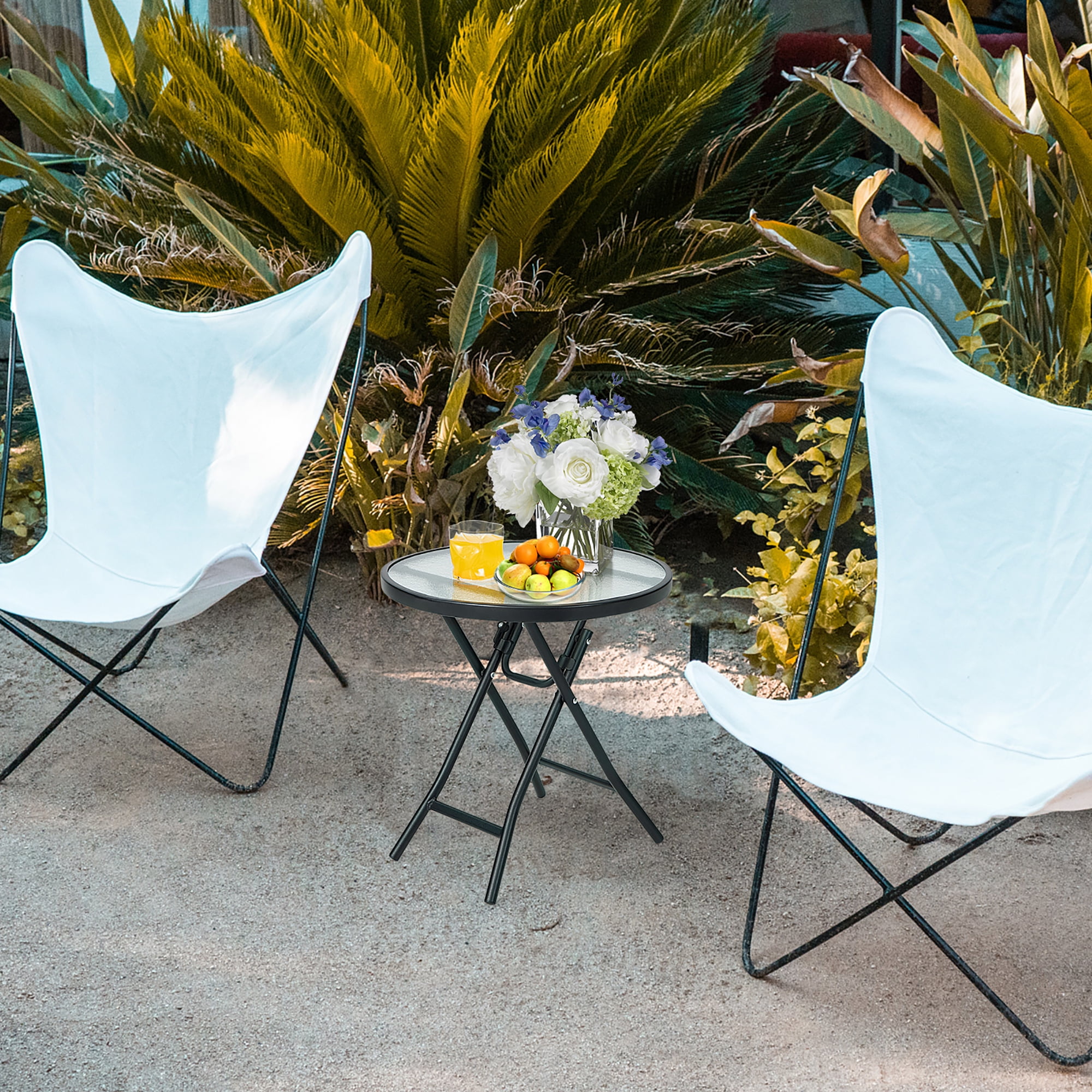 Gymax 18'' Patio Side Table Outdoor Folding Coffee Table w/ Tempered Glass Table Top