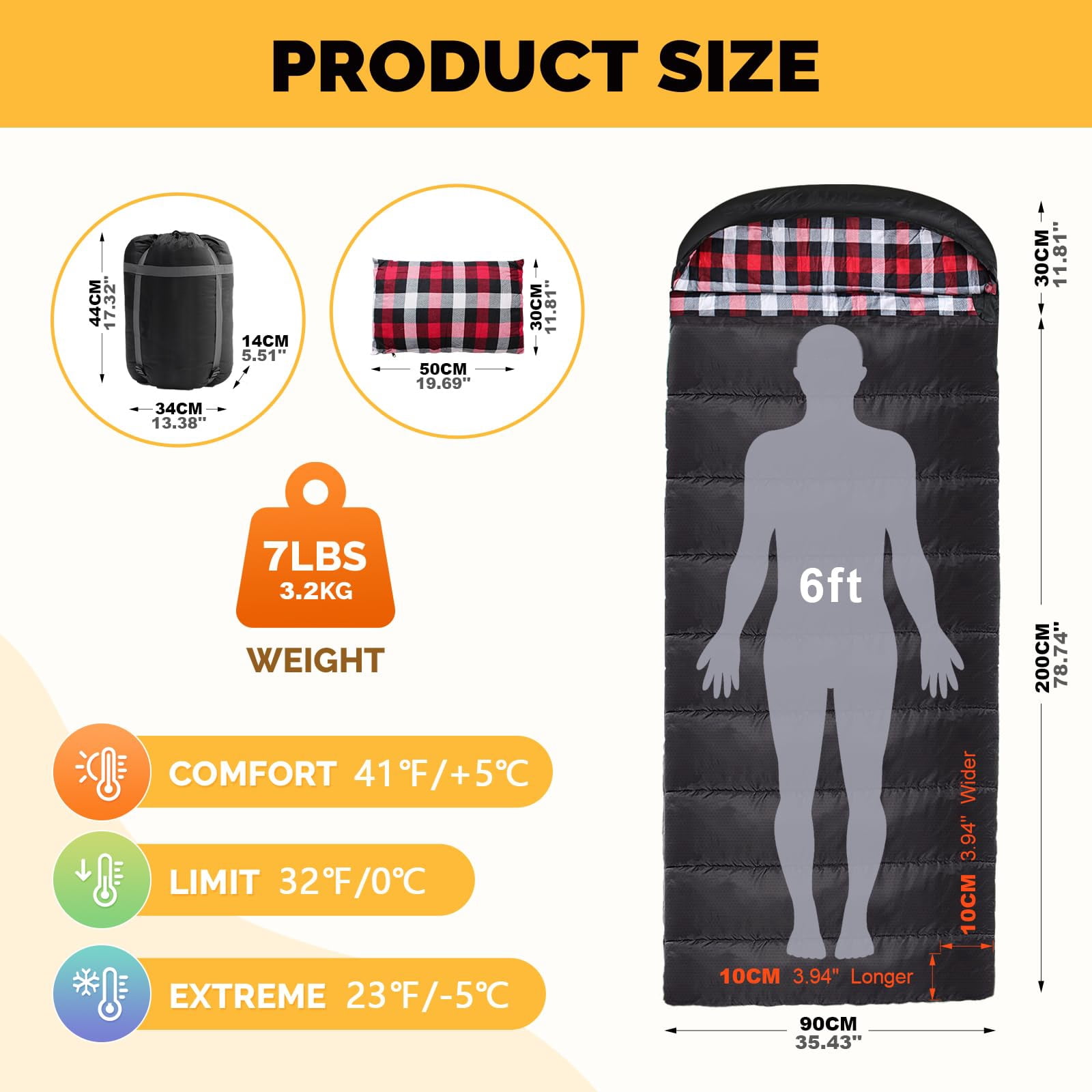 Flannel Sleeping Bag Cotton 0 Degree Cold Weather for Adults XXL Sleeping Bag 4 Season Big and Tall with Pillow Compression Sack (Right Zipper)