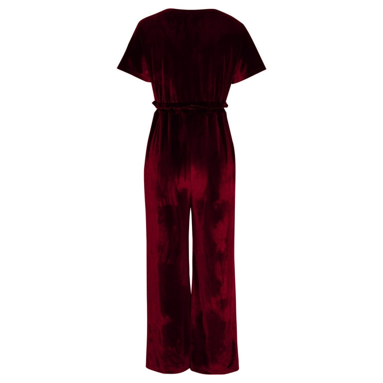 Ladies Velvet Jumpsuits Short Sleeve Drawstring High Waisted