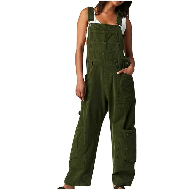 FAIWAD Salopette en Denim pour Femmes, Coupe Ample, Bretelles Ajustables, Bavette, Combinaison à Jambes Larges avec Poches