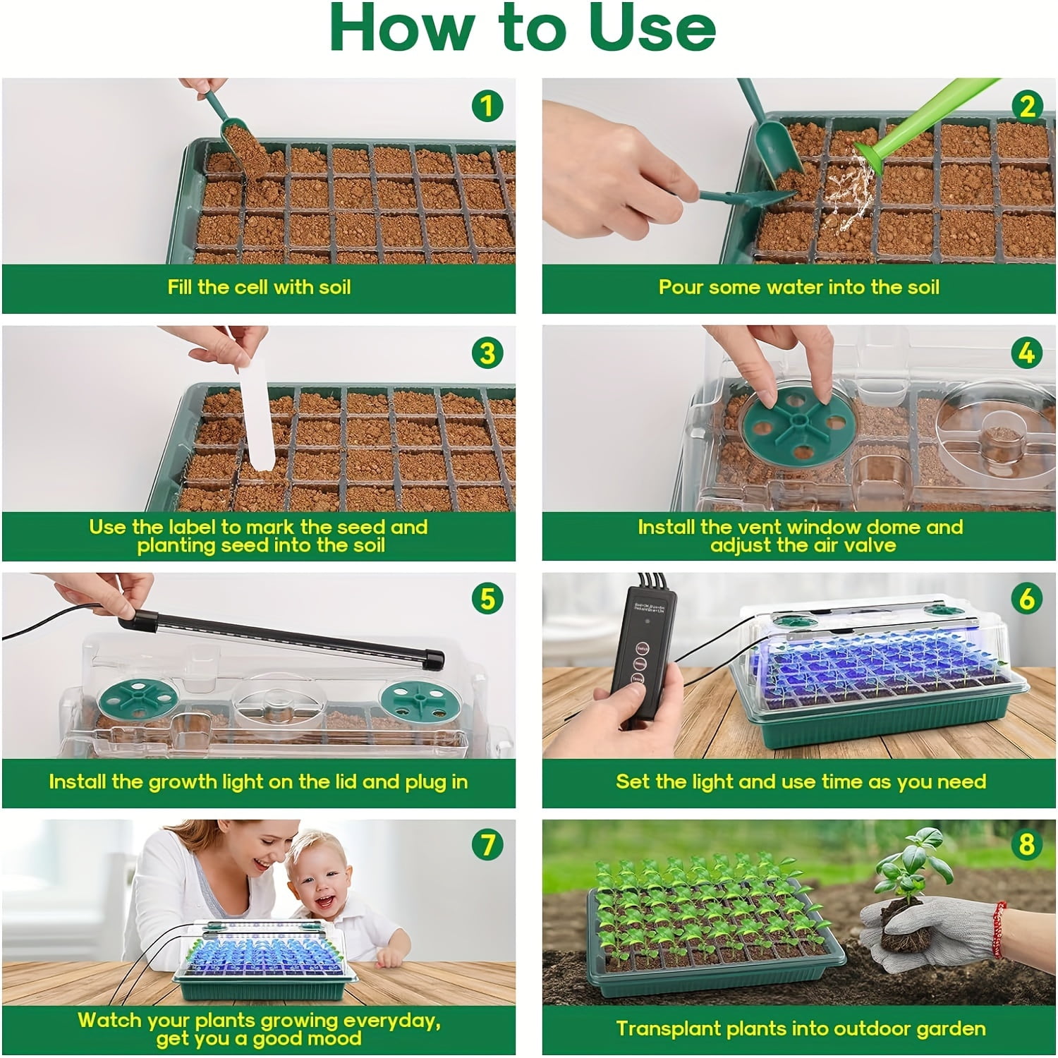 Seed Starter Tray with Grow Light,3 Pack 120 Cells Seedling Tray Kit with Humidity Dome/Indoor Plant Starter Kit, Adjustable Brightness Plant Germination Trays