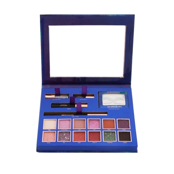 Profusion Cosmetics Glam Eyes 12 Shade Eyeshadow Palette, Mascara, Flare Crystal Face Jewels, Pencil Eyeliner, Face & Body Glitter with Glitter Adhesive