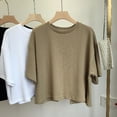 thumbnail image 3 of Women Summer Casual T-shirt O-neck Short Sleeve Back Hollow Short Tops Solid Color Loose Fit Tee Shirt Streetwear-Khaki,L, 3 of 6