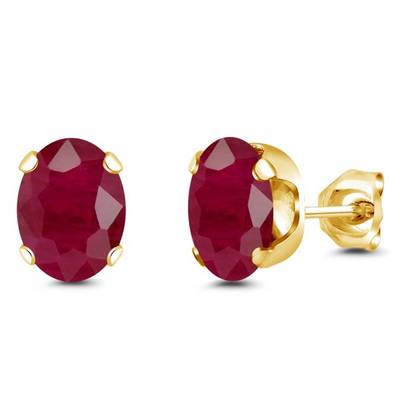 Gem Stone King 18K Yellow Gold Plated Silver Red Ruby Stud Earrings for Women Men | 3.20 Cttw | Gemstone July Birthstone | Oval 8X6MM