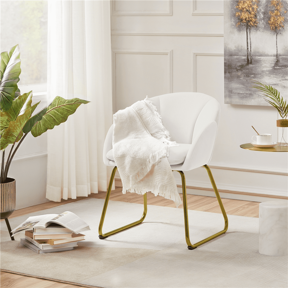 Alden Design Flower Shape Velvet Accent Chair with Golden Metal Legs for Livingroom, White