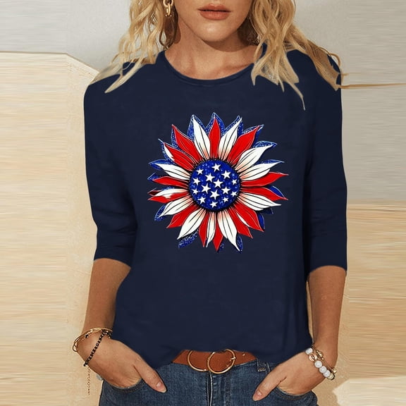 Mifsaly Patriotic 3/4 Sleeve Tops for Women American Flag Sunflower Graphic Shirt Casual Summer Independence Day T-Shirt 2026 S