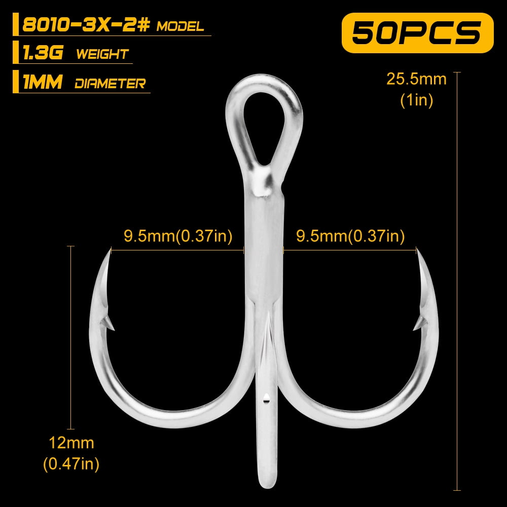 50pcs/lot Saltwater Fishing Hook Matte Tin Treble Hooks 2/0#-1/0#-1#-2#-4#-6#-8# High-Carbon Steel High Strength 3X Hooks