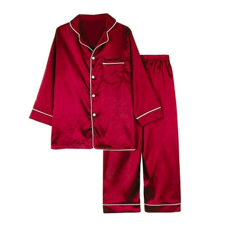 

Spring Kids Children Long Sleeve Silk Pajamas Solid Color sleepwear for 3-10 Years