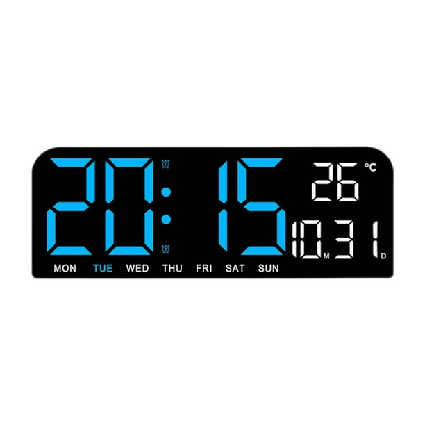 Reloj digital grande con LED y alarma fuerte para montaje en pared con fecha, semana y temperatura Azul