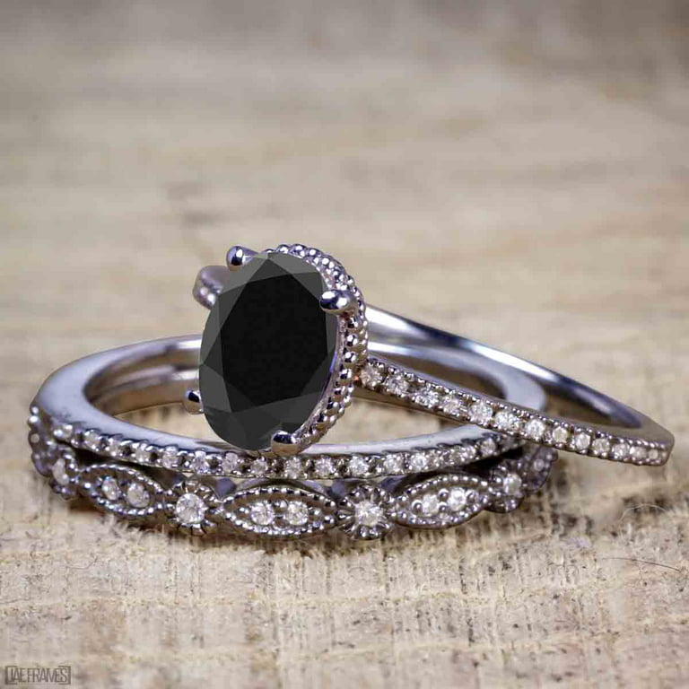 Large Black Diamond Engagement Ring Rose Gold Halo Diamond Oval Ring 14K White Gold / 5.0