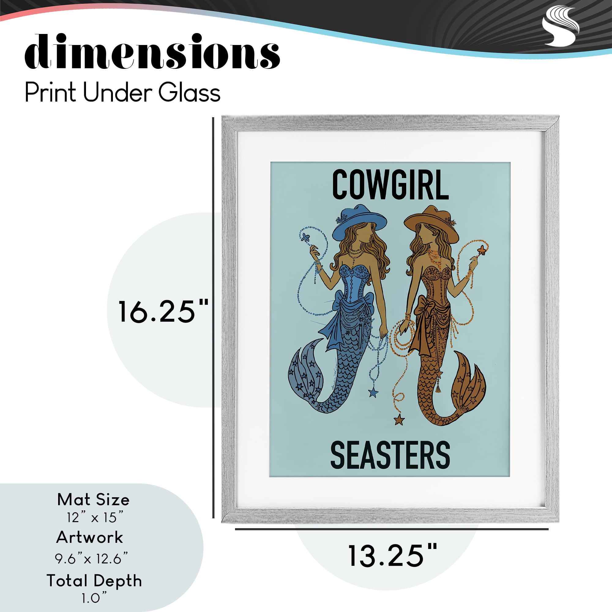 Cowgirl Seasters Mermaid Friendship Gray Framed Print Under Glass, design by Amelia Noyes