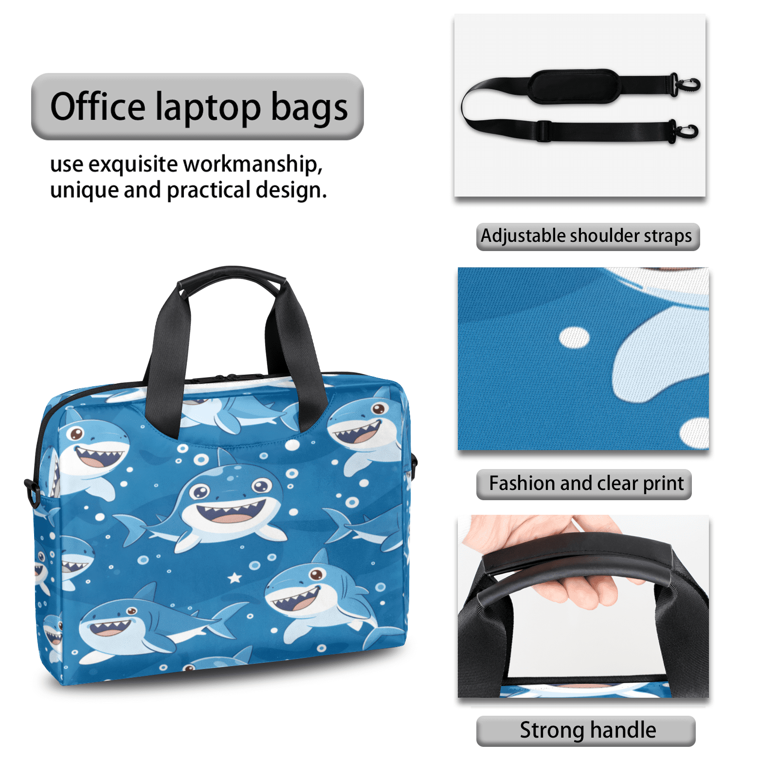 Herdesigns Shark Laptop Bag for Women Men, Computer Case Briefcase Messenger Bags, 15-15.6 inch Laptop Sleeve Shoulder Bag