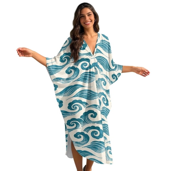 Xixirimido Ocean Waves Print Kaftan Dress for Women, Plus Size Hawaiian Batwing Sleeve Beach Cover Up V-Neck Summer Swimsuit Dresses