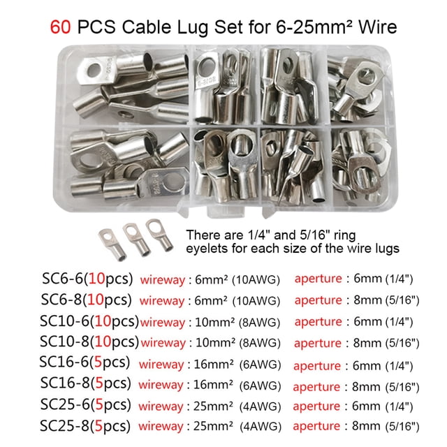 Cable Lug,Set 6-25mm² Wire Crimp Wire Terminals Ends Crimp Wire Pcs Cable Set 6-25mm² Wire Tinned Battery Cable Ends 60 Pcs Cable Wire Tinned Copper Cable Ends Crimp Cable Set 6-25mm² Iuppa Jinmie