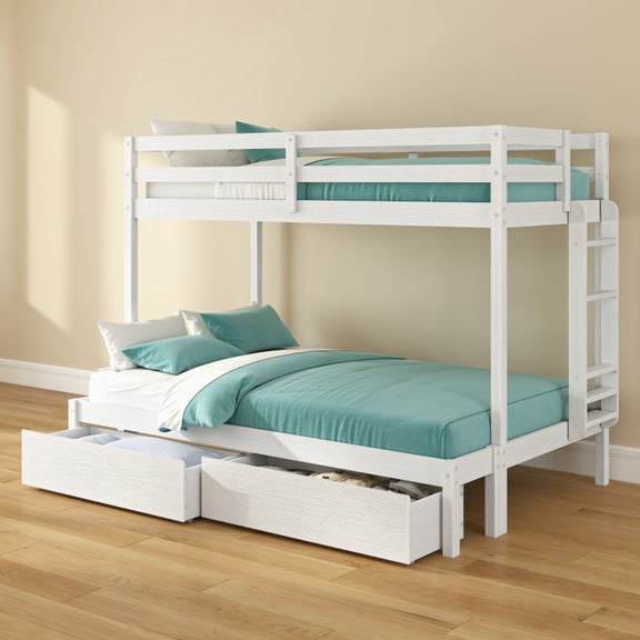 Bear Furniture Plywood Twin/Full Bunk w/ Underbed Storage Drawers, Brushed White
