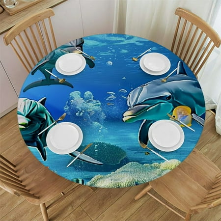 

BCIIG Dolphins Coral Reef Fish Round Table Cover Stain Resistant Washable Indoor Outdoor Tablecloth Kitchen Dining Wedding Parties Picnic Farmhouse 100% Polyester Fiber 38-42