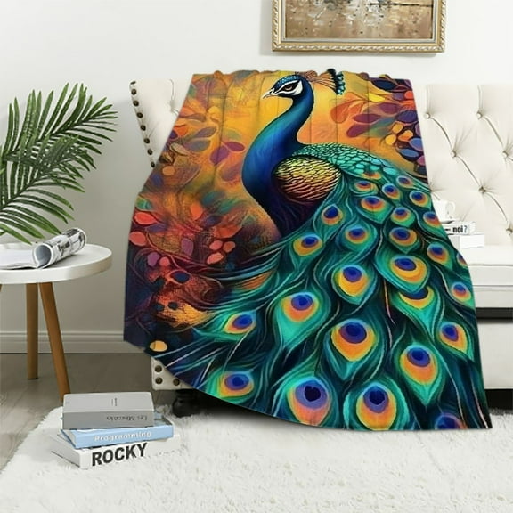 BCIIG Hand Drawn Peacock Flannel Throw Blanket, Soft Cozy Colorful Lightweight Animal Blankets for Couch, Bed, Travel, Outdoor & Home Decor, Warm Fluffy Fuzzy Blanket for Women Girls 40x50in