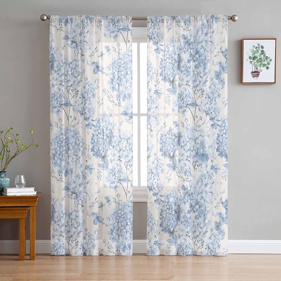 ERUNPONLY Blue Floral Sheer Curtains 96 Inch Length 2 Panels Set, Garden Petals Flower Botanical Tree Branch Voile Window Treatment Sheer Long Curtains for Bedroom/Living Room/Kitchen 52"x96"x2