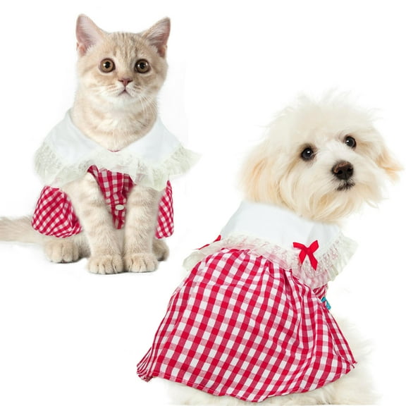 QBLEEV Pet Dog Cute Dress Princess Pink Lace Bow Plaid Skirt Coat Clothes for Puppy Dog Spring and Summer Tutu Dress M