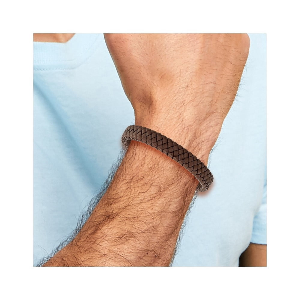 Diamond2Deal Stainless Steel Polished Brown Braided Leather Bracelet for Men 8.5"