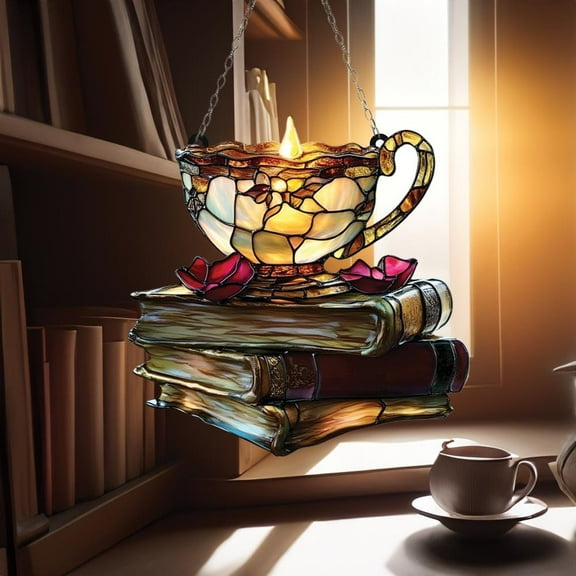 Candlelit Teacup & Books Stained Glass Suncatcher, Cozy Reading Window Decor, Book Lover Gift