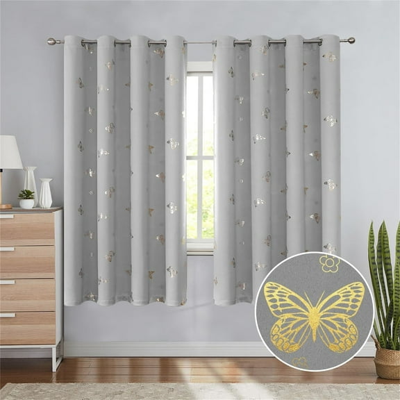Flowpartex Grey Blackout Curtains 2 Panels Butterfly&Floral Gold Metallic Foil Print Room Darkening Grommet Top Drapery for Kids Bedroom, 63"L×52"W