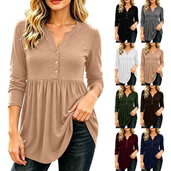 Women's Solid V Neck Henley Shirts Pleated Empire Waist Long Sleeve Tunic Tops Loose Flowy Work Shirts Soft Casual Fall Peplum Blouses White