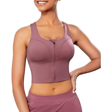 

Nebility Women Zip Front Sports Bras Longline Fitness Crop Tops Tank Gym Yoga Workout Shirts(Pink Small)