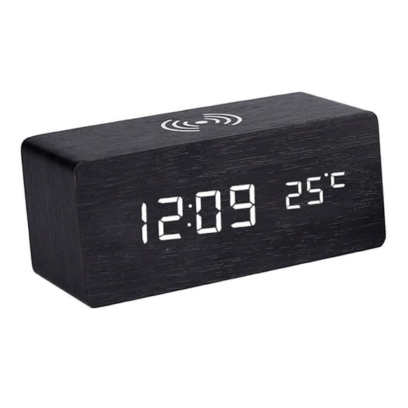 Reloj despertador de escritorio/mesita de noche digital LED moderno de madera con control de sonido Mini Wood Sounds Control Clock Negro