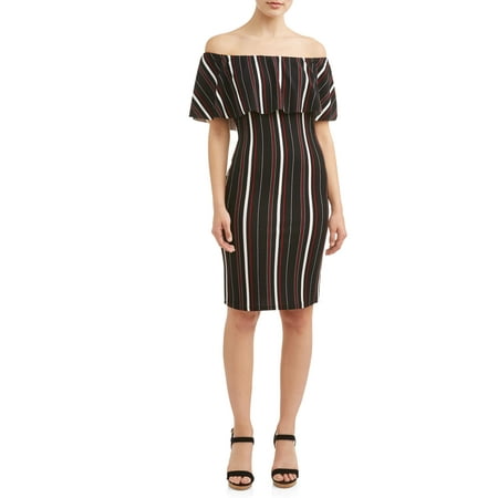 Stripe Jersey Ruffle Dress - Almost Famous Juniors' Off Shoulder Ruffle Stripe Dress