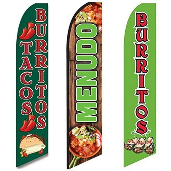 3 Swooper Flags Welcome Mexican Food SALE Tacos Burritos & Menudo Open