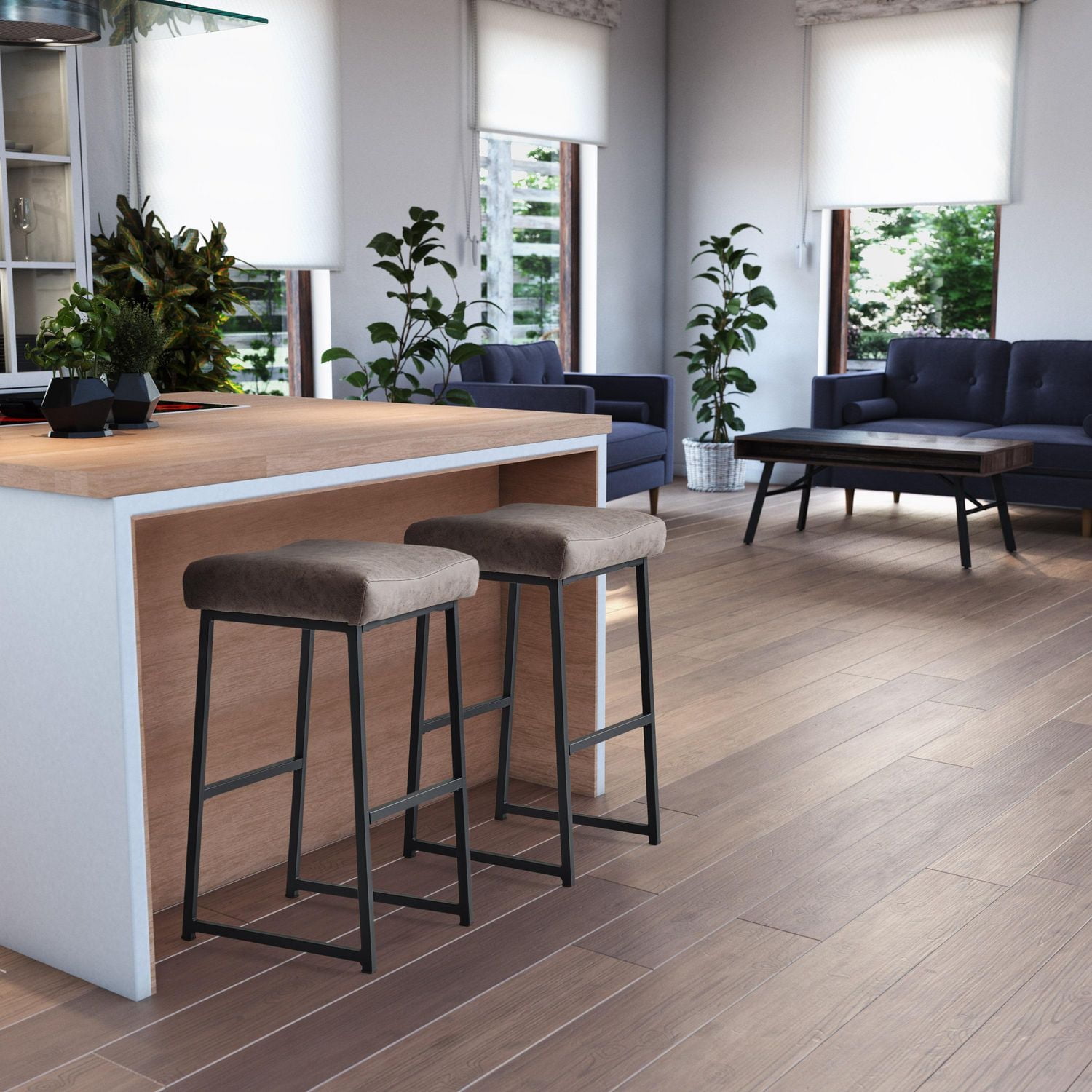 CorLiving Milo Set of 2 Backless Upholstered Counter Height Indoor Barstools with Steel Legs