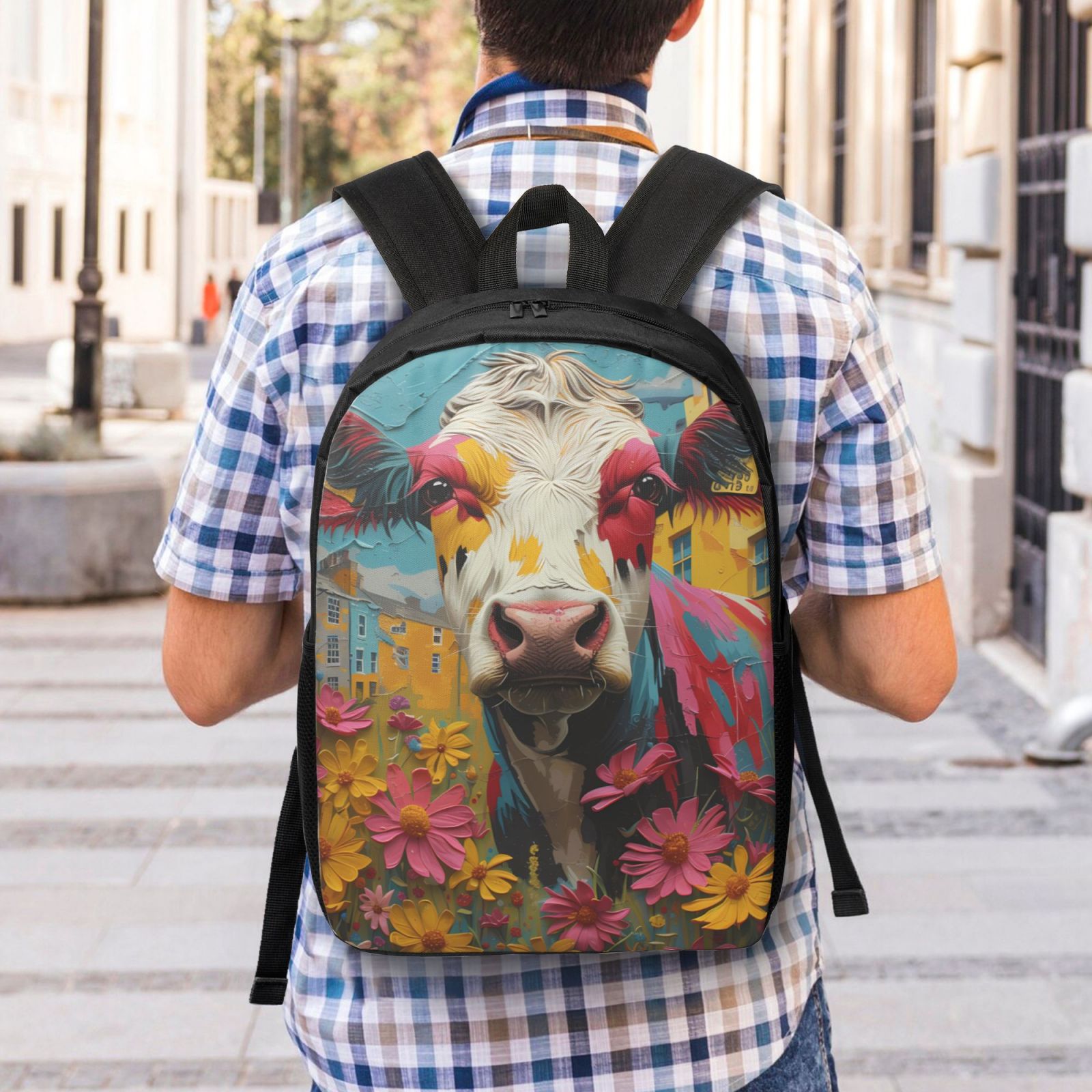 Xecao Yellow Daisy Cow print Travel Backpack, Large Computer Backpack for Men Women, College School Rucksack Book Bag