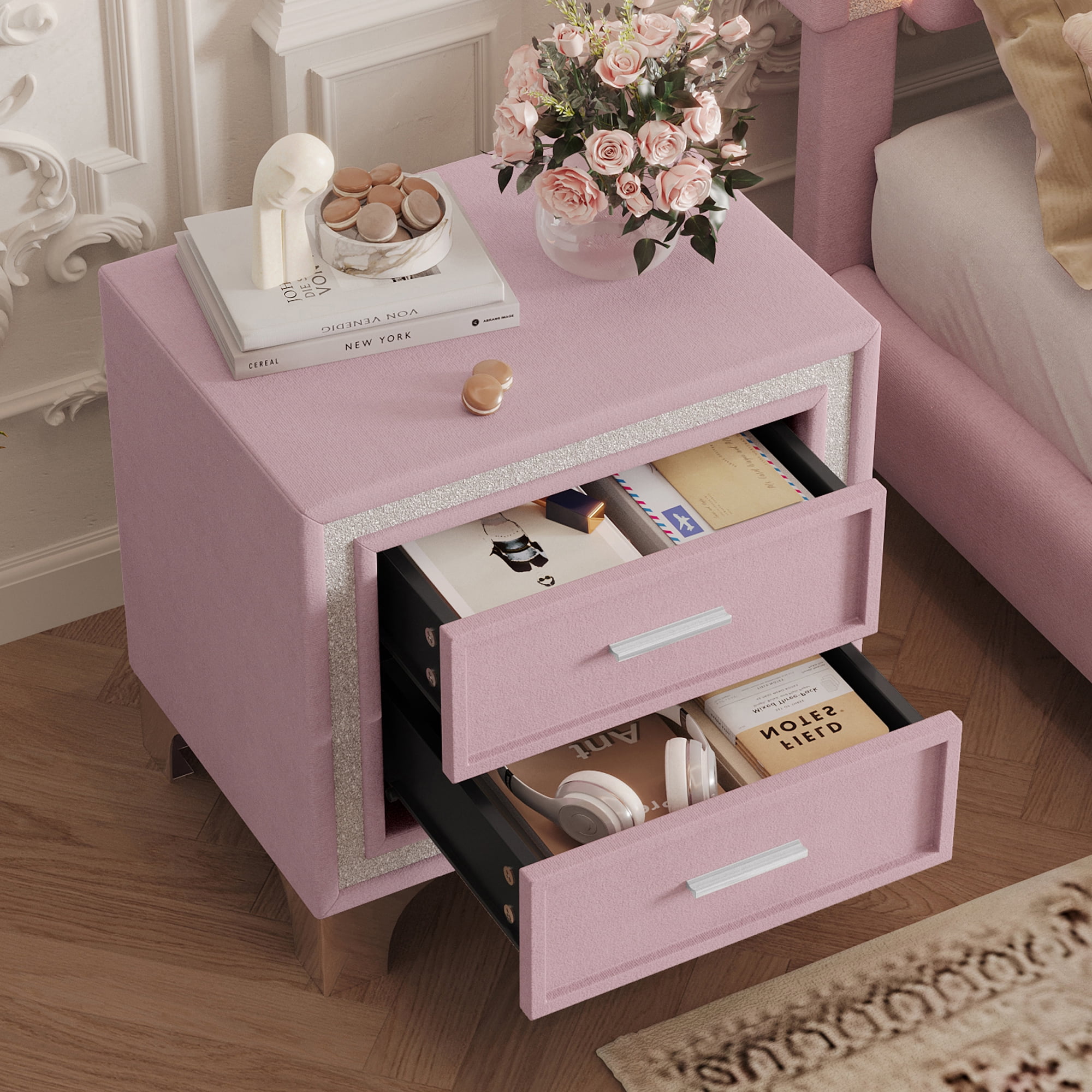 Euroco Mid Century Nightstand with with Silver Glitter Strip Decor,Rectangular Simple End Bedside Table with 2 Drawers,Pink