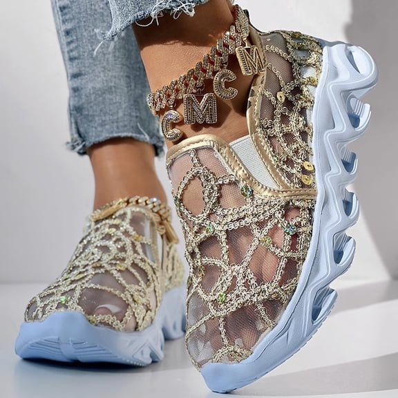 Contrast Sequin Sheer Mesh Patch Breathable Sneakers Casual Chic Plaid Closed Toe Low Heel Walking Shoes