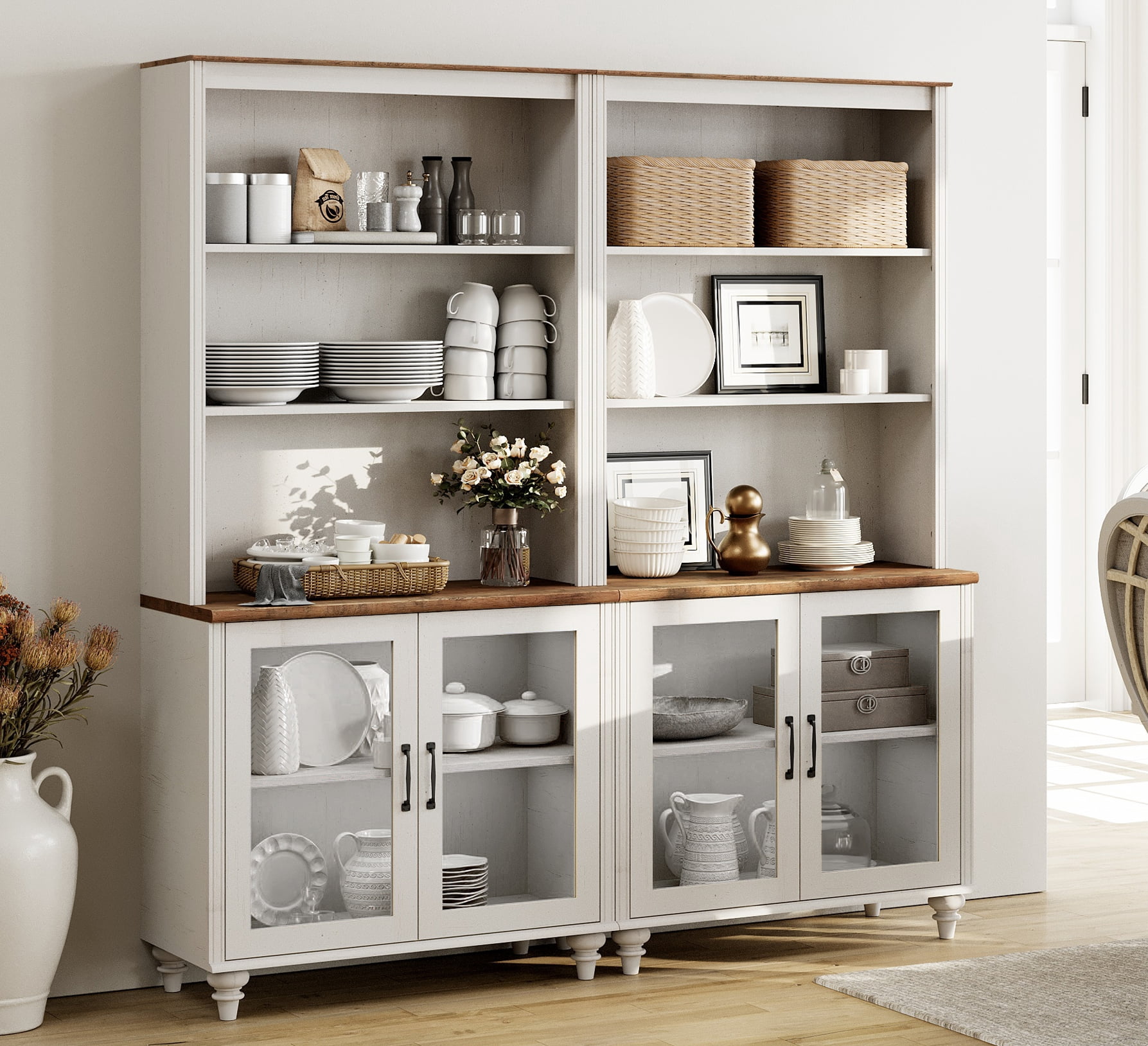Farmhouse White Sideboard Credenza with Glass Doors, Drawer & Bookshelves, Buffet Cabinet Storage Cabinet for Living Room, Bedroom, Dining Room, Holds up to 75" TV