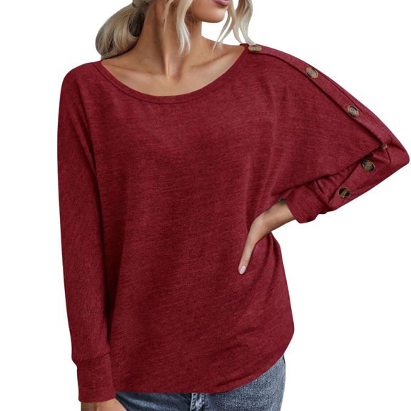 Fashion Tops for Women 2022 Batwing Long Sleeve Buttons Crew Neck T Shirts Loose Fall Spring Casual Tees Blouses