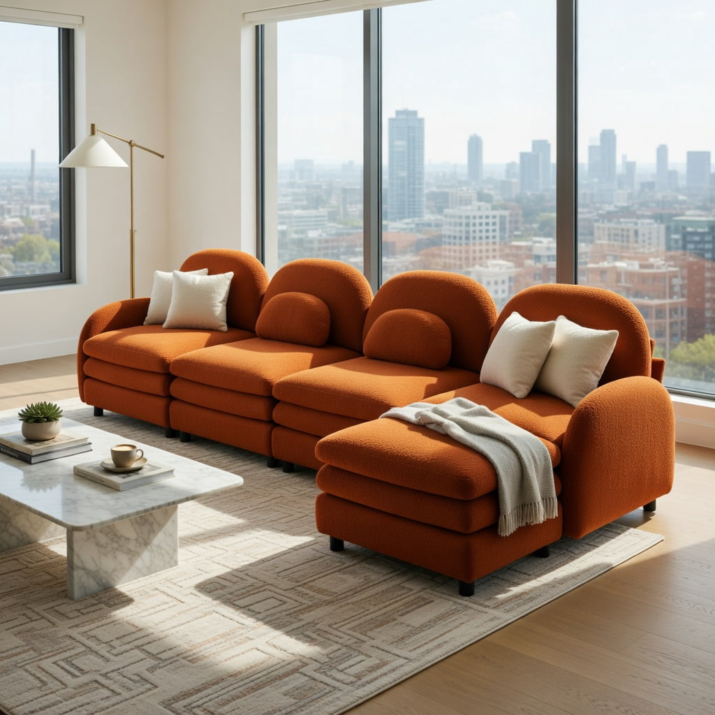 Hommoo Teddy Fleece 4-Seat Modular Sectional Sofa, Cloud-Like Double-Layer Cushions, Curved Backrest & Armrest, Movable Ottoman, Lumbar Support Pillows, Orange
