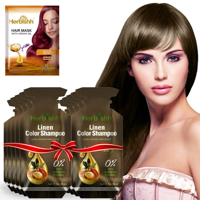 Herbishh Hair Color Shampoo 10 Sachet +1 Argan Hair Mask Pouch | 3 in 1 Hair Dye | PPD Free | Easy to Use | Gray Coverage | Travel Size | Available in 6 Colors | Long Lasting Hair Color | (Linen)