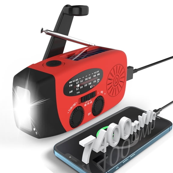7400mWh NOAA Weather Emergency Radio, AM/FM/WB Hand Crank Solar Radio, Emergency Portable Power Bank, Weather Alert, Flashlight for Outdoor Use