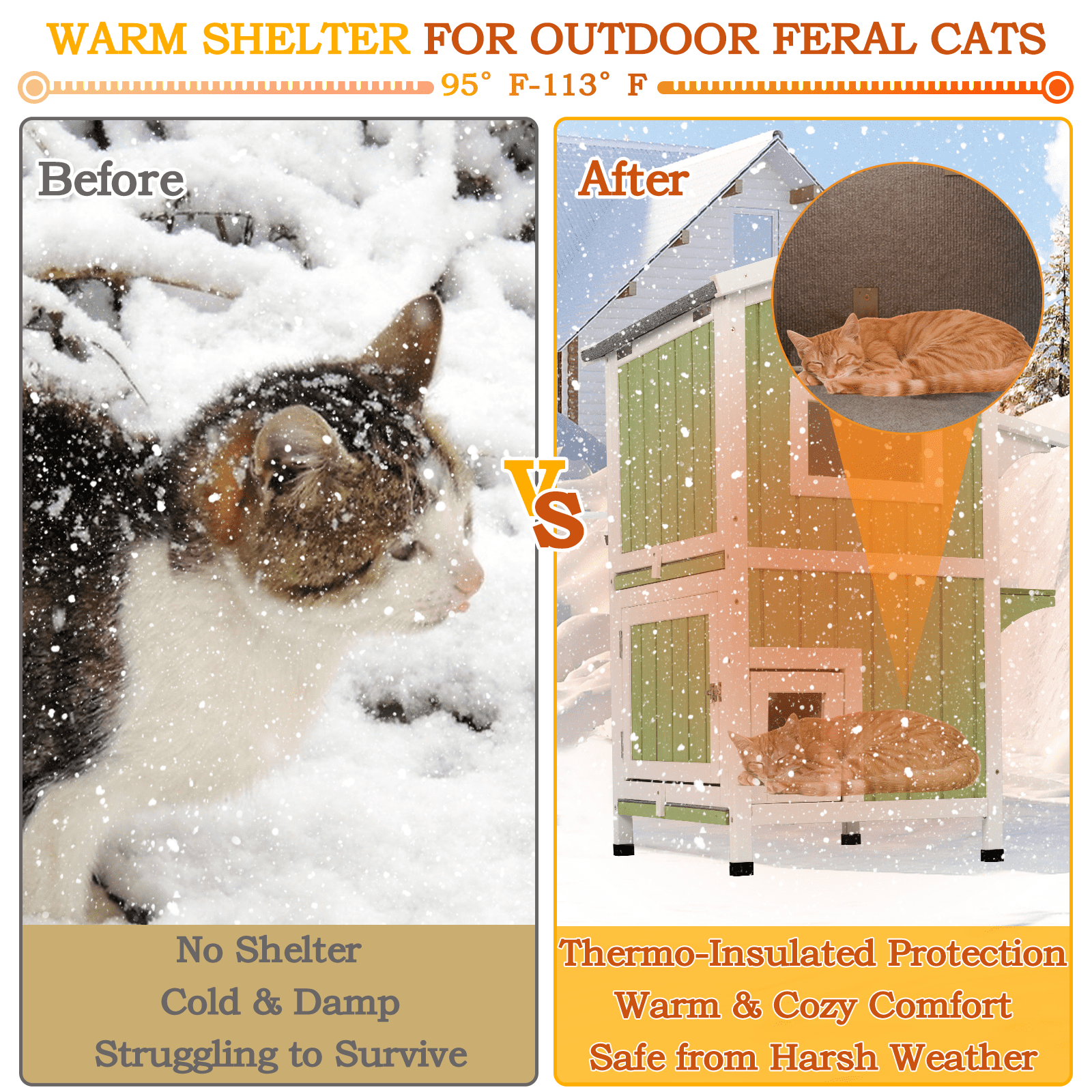 PETSCOSSET Insulated Cat House Outdoor Weatherproof All-Round Insulation Two Story Outside Wooden Feral Cat Shelter, Green