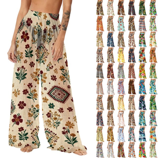 Pincandy Women See Through Sheer Mesh Pants Beach Swimsuit Bikini Bottom Cover up Party Club Elastic High Waist Wide Leg Pants