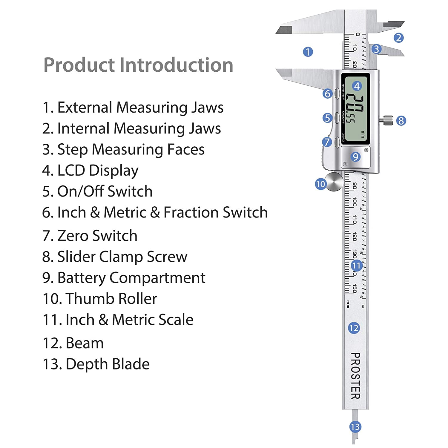 Proster 6" Digital Vernier Caliper with 32 Feeler Gauges- Inch/Metric/Fraction Conversion, Stainless Steel, LCD Screen - for Inner/Outer Diameter, Depth, Width Measurement (150mm)