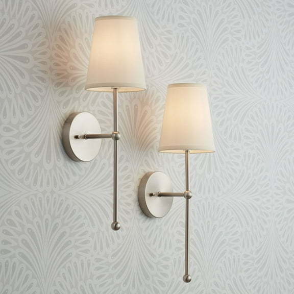 Possini Euro Design Elena Modern Wall Light Sconces Set of 2 Brushed Nickel Hardwire 6" Fixture Cream Linen Shade for Bedroom Reading Living Room Home
