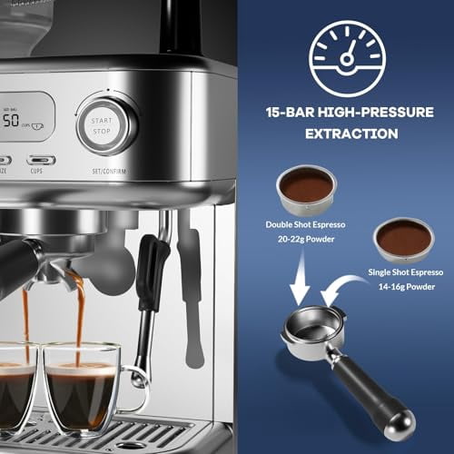 Fully Automatic Espresso Machine with Built-in Conical Burr Grinder & Milk Frother, 15-Bar Pressure, LCD Screen with PID Control, 6 Presets, Stainless Steel Housing, 120V US, Space Gray