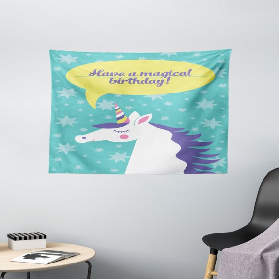 Unicorn Party Tapestry, Have a Magical Birthday Quote in a Speech Bubble on Festive Doodle Stars, Wall Hanging for Bedroom Living Room Dorm Decor, 60W X 40L Inches, Multicolor, by Ambesonne