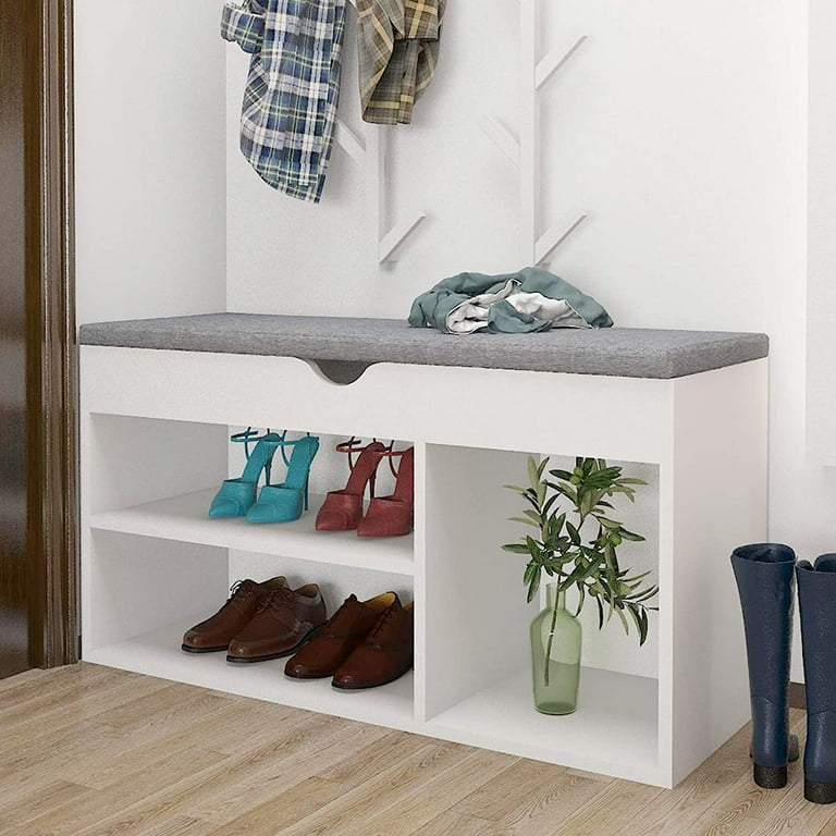 Entryway Shoe Storage Bench, Hallway Shoe Organizer with 2 Flip  DrawersWhite & Gray