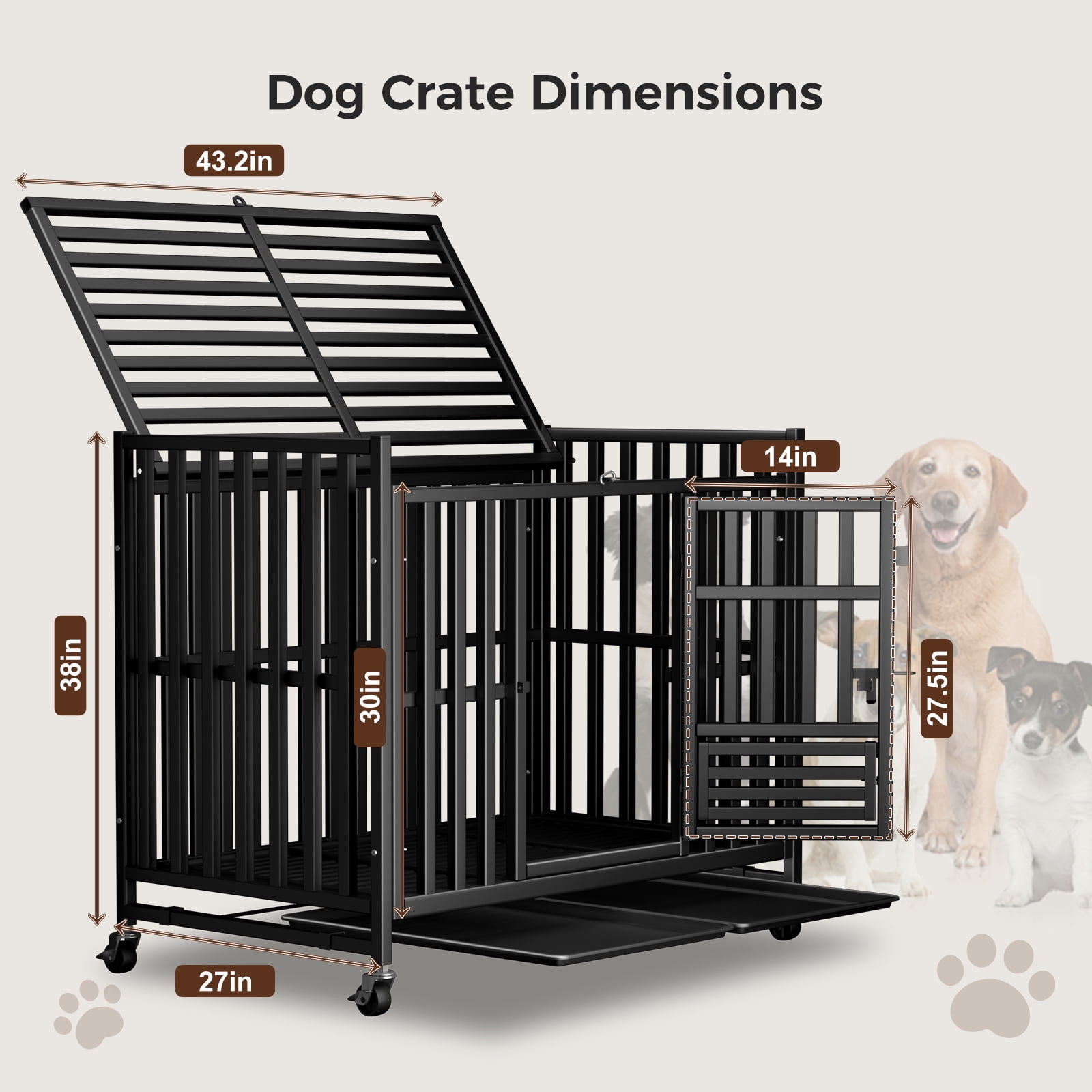 Heavy Duty Dog Crate 43 Inch, Escape-Proof Indestructible Cage for High-Anxiety Dogs, 3-Door Kennel with 4 Lockable Wheels and 2 Removable Trays Ideal for Large & Medium Breeds