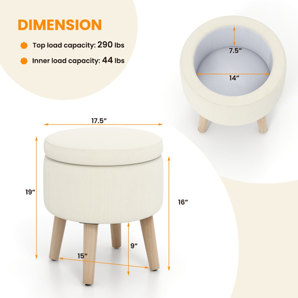 Finihen Storage Ottoman Foot Stool, Vanity Stool with Storage, Round Storage Ottoman with Rubber Wood Legs and Adjustable Foot Pads, for Makeup Room, Living Room, Bedroom, Beige Finihen Storage Ottoman Foot Stool, Vanity Stool with Storage, Round Storage Ottoman with Rubber Wood Legs and Adjustable Foot Pads, for Makeup Room, Living Room, Bedroom, Beige