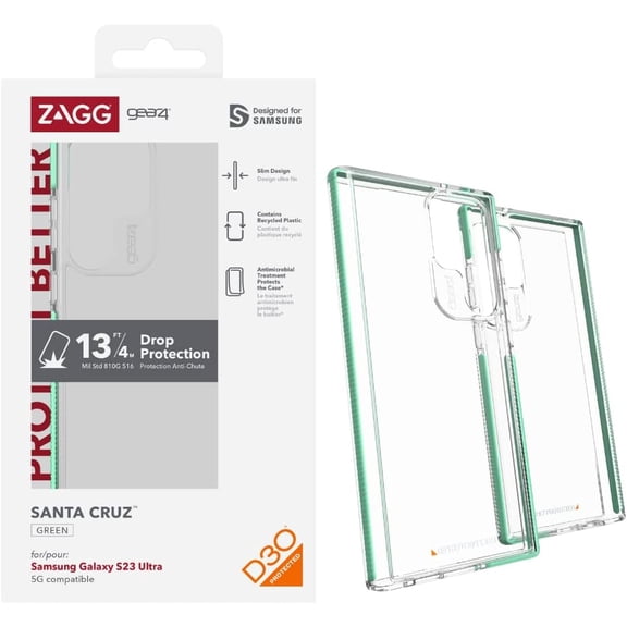 ZAGG Gear4 Santa Cruz Samsung Galaxy S23 Ultra Phone Case D30 Drop Protection up to 13ft / 4m Scratch=Resistant Clear Phone Case Works with Wireless Charging Systems Edge-To-Edge Protection